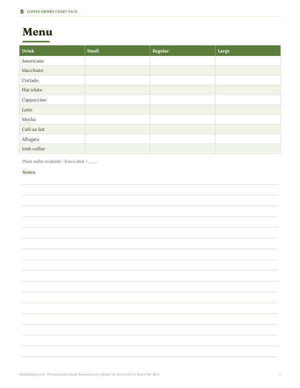 Preview of Printable Coffee Drinks Menu Chart